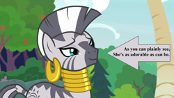 Size: 1920x1080 | Tagged: safe, edit, edited screencap, screencap, zecora, she talks to angel, arrow, captain obvious, cute, ear piercing, earring, jewelry, neck rings, piercing, quadrupedal, rhyme, smiling, text, tree, zecorable
