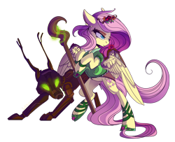 Size: 1920x1559 | Tagged: safe, artist:hagallaz, fluttershy, pegasus, pony, timber wolf, clothes, druid, female, flower, flower in hair, glowing eyes, mare, simple background, staff, transparent background