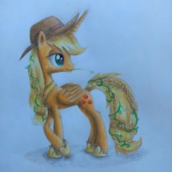 Size: 1224x1224 | Tagged: safe, artist:poulped, applejack, alicorn, pony, alicornified, applecorn, crossed hooves, cutie mark, female, head turn, jewelry, lidded eyes, mare, race swap, regalia, simple background, solo, straw in mouth, traditional art, vine