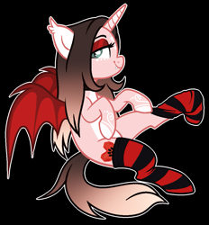 Size: 941x1013 | Tagged: safe, artist:cindydreamlight, oc, oc:cindy, alicorn, bat pony, bat pony alicorn, pony, black background, clothes, female, mare, race swap, simple background, socks, solo, striped socks