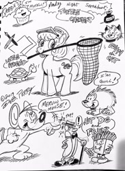 Size: 2418x3299 | Tagged: safe, artist:debmervin, oc, cat, mouse, pony, turtle, hat, mervin mouse, mouth hold, net, sketch, sketch dump