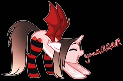 Size: 1280x844 | Tagged: safe, artist:cindydreamlight, oc, oc:cindy, alicorn, bat pony, bat pony alicorn, pony, black background, clothes, female, mare, race swap, simple background, socks, solo, striped socks, yawn