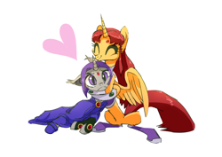 Size: 1000x707 | Tagged: safe, artist:house-of-tykayl, alicorn, bat pony, hybrid, pony, unicorn, bat pony unicorn, cape, clothes, female, heart, hug, mare, not lesbian, ponified, raven (teen titans), shipping, simple background, species swap, starfire, teen titans, white background