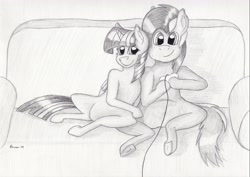 Size: 4911x3472 | Tagged: safe, artist:peruserofpieces, twilight sparkle, oc, oc:pop star, alicorn, earth pony, pony, controller, female, frog (hoof), male, sitting, smiling, snes controller, sofa, spread legs, spreading, super nintendo, underhoof