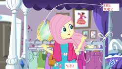 Size: 1600x900 | Tagged: safe, edit, edited screencap, screencap, fluttershy, better together, choose your own ending, costume conundrum, costume conundrum: rarity, equestria girls, 1000 hours in ms paint, caption, image macro, rarity's bedroom, text