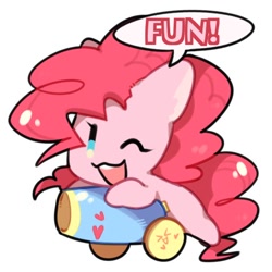 Size: 512x512 | Tagged: safe, artist:snowillusory, derpibooru import, part of a set, pinkie pie, earth pony, pony, :3, cute, dialogue, diapinkes, fun, one eye closed, one word, open mouth, party cannon, solo, speech bubble, wink