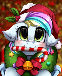 Size: 1446x1764 | Tagged: safe, artist:pridark, oc, oc:eclaircie, bat pony, pony, bat pony oc, bell, blushing, candy, candy cane, christmas, commission, cute, female, food, hat, heterochromia, holiday, mare, mouth hold, ocbetes, pridark's christmas ponies, santa hat, solo, wreath, ych result