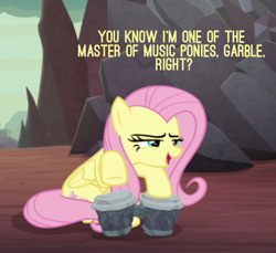 Size: 449x411 | Tagged: safe, edit, edited screencap, screencap, fluttershy, pegasus, pony, sweet and smoky, bongos, cropped, female, implied garble, implied octavia, implied vinyl scratch, looking at someone, mare, master of music, narrowed eyes, solo