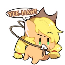 Size: 512x512 | Tagged: safe, artist:snowillusory, derpibooru import, part of a set, applejack, earth pony, pony, chibi, cowboy hat, female, hat, lasso, mare, mouth hold, rope, simple background, white background, yeehaw