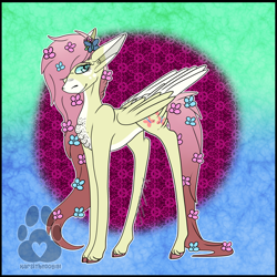 Size: 2500x2500 | Tagged: safe, artist:karsithedog, part of a set, fluttershy, pegasus, pony, abstract background, chest fluff, cloven hooves, coat markings, cutie mark, female, floppy ears, flower, flower in hair, hair over one eye, looking at you, mare, redesign, smiling, solo, tail feathers