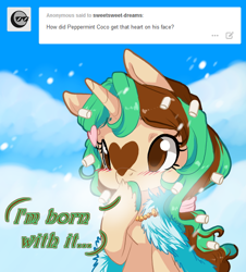 Size: 588x650 | Tagged: safe, artist:loyaldis, oc, oc only, oc:peppermint coco, pony, ask, femboy, male, solo, tumblr