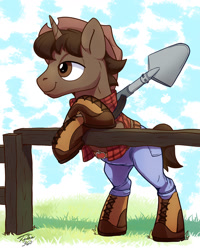 Size: 1500x1871 | Tagged: safe, artist:tsitra360, oc, pony, unicorn, clothes, commission, cowboy hat, crossed hooves, farmer, fence, hat, pants, shovel, smiling, solo