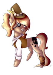 Size: 752x1063 | Tagged: safe, artist:serinabeauty, oc, oc only, oc:debonair, earth pony, pony, bandana, boot, clothes, eyepatch, feather, female, hat, mare, ponytail, raised leg, shirt, simple background, solo, top hat, transparent background, vest