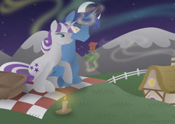 Size: 1024x725 | Tagged: safe, artist:lavenderrain24, night light, twilight velvet, pony, unicorn, aurora borealis, basket, candle, female, flower, male, mountain, night, nightvelvet, picnic basket, picnic blanket, rose, shipping, stars, straight