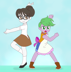 Size: 1182x1200 | Tagged: safe, artist:ch-chau, raven, spike, dragon, unicorn, equestria girls, apron, clothes, cute, equestria girls-ified, female, glasses, green hair, hair bun, human spike, male, miniskirt, mon colle knights, pose, ravenspike, shipping, shoes, shorts, skirt, socks, straight