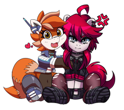 Size: 4500x4000 | Tagged: safe, artist:ciderpunk, artist:pabbley, oc, oc only, oc:ciderpunk, oc:pandy cyoot, 2020 community collab, angry, clothes, cyberpunk, derpibooru community collaboration, fishnets, grumpy, happy, hugging a pony, jacket, looking at you, shoes, simple background, socks, stockings, thigh highs, torn clothes, torn socks, transparent background
