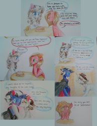 Size: 2065x2678 | Tagged: safe, artist:laceymod, oc, oc:lovelace, oc:prosopeio, oc:pun, changeling, earth pony, pony, unicorn, ask lovelace, female, food, kissing, mare, pie, traditional art