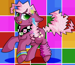 Size: 3000x2605 | Tagged: safe, artist:rainbowtashie, cheerilee, earth pony, pony, 80s, 80s cheerilee, alternate hairstyle, armband, atg 2019, female, happy, leg warmers, mare, newbie artist training grounds, open mouth, simple background, solo