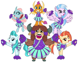 Size: 5000x4000 | Tagged: source needed, safe, artist:cheezedoodle96, lighthoof, ocellus, shimmy shake, silverstream, smolder, yona, changedling, changeling, classical hippogriff, dragon, earth pony, hippogriff, pony, yak, 2 4 6 greaaat, .svg available, balancing, cheering, cheerleader, cheerleader ocellus, cheerleader outfit, cheerleader silverstream, cheerleader smolder, cheerleader yona, clothes, cloven hooves, cute, diaocelles, diastreamies, dragoness, female, flying, group, lightorable, looking at you, mare, monkey swings, pleated skirt, pom pom, shakeabetes, simple background, skirt, smiling, smolderbetes, svg, transparent background, vector, yonadorable