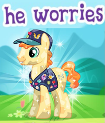 Size: 507x594 | Tagged: safe, crystal pony, earth pony, pony, clothes, gameloft, male, meme, pin, stallion, stubble, vest, worried, wow! glimmer