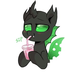 Size: 1000x1000 | Tagged: safe, artist:colorfulcolor233, oc, oc:firefly nightglow, changeling, blushing, green changeling, love juice, no source available, quadrupedal, simple background, sipping, solo, white background