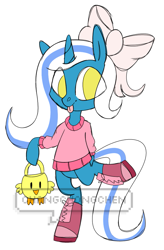 Size: 701x1066 | Tagged: safe, artist:changchongchen, oc, oc only, oc:fleurbelle, alicorn, pony, alicorn oc, basket, bow, easter basket, female, golden eyes, hair bow, happy, jumper, legs, legs in air, mare, pink jumper, pink sneakers, ribbon, shoes, sneakers, tongue out