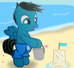 Size: 3600x3300 | Tagged: safe, artist:agkandphotomaker2000, oc, oc:pony video maker, pegasus, pony, beach, bucket, childhood, clothes, colt, male, sandcastle, swimsuit