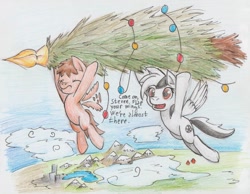 Size: 1014x788 | Tagged: safe, artist:khaki-cap, oc, oc:penalty, oc:steven, pony, christmas, christmas tree, flying, hearth's warming eve, holiday, pegasus oc, pencils, scenery, traditional art, tree, wings