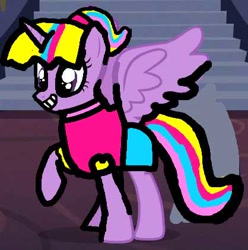 Size: 418x422 | Tagged: safe, edit, edited screencap, screencap, twilight sparkle, twilight sparkle (alicorn), alicorn, pony, 1000 hours in ms paint, adorable face, anime style, cropped, cute, female, j-pop, ponytail, rainbow, smiling, solo, style emulation, styled hair, twiabetes