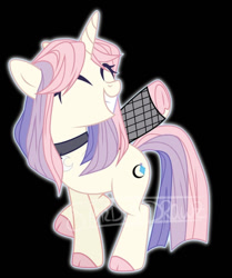 Size: 750x895 | Tagged: safe, oc, oc:gemma moonlight, unicorn, black background, choker, cloven hooves, eyes closed, magical lesbian spawn, next generation, offspring, parent:rarity, parent:twilight sparkle, parents:rarilight, simple background, underhoof, watermark