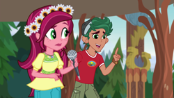 Size: 1920x1080 | Tagged: safe, screencap, gloriosa daisy, timber spruce, equestria girls, legend of everfree, camp everfree outfits, clothes, female, flower, flower in hair, geode of fauna, geode of shielding, geode of sugar bombs, geode of super speed, geode of super strength, magical geodes, male, microphone, shorts