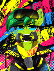Size: 1200x1564 | Tagged: safe, artist:redchetgreen, oc, oc only, oc:evergreen feathersong, pony, biting, blot, blue eyes, can, cyberpunk, mask, mouth hold, paint, solo, visor