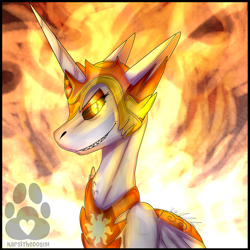 Size: 2500x2500 | Tagged: safe, artist:karsithedog, daybreaker, alicorn, pony, bust, female, fire, grin, helmet, jewelry, lidded eyes, looking at you, mane of fire, mare, regalia, sharp teeth, smiling, solo, teeth