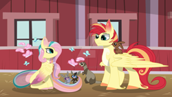 Size: 1190x671 | Tagged: safe, artist:alister-calouro, fluttershy, oc, oc:little apple, bat, butterfly, ferret, pegasus, pony, rabbit, alternate design, animal, barn, colored hooves, colored wings, colored wingtips, deviantart watermark, female, male, mother and child, mother and son, obtrusive watermark, offspring, pale belly, parent and child, parent:big macintosh, parent:fluttershy, parents:fluttermac, rainbow power, stallion, unshorn fetlocks, watermark
