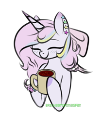 Size: 2000x2400 | Tagged: safe, artist:redheartponiesfan, oc, oc:sugar heart, pony, unicorn, bow, bust, coffee, cup, eyes closed, female, hair bow, mare, portrait, simple background, solo, transparent background