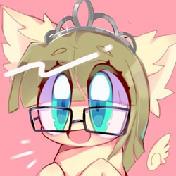 Size: 768x768 | Tagged: safe, artist:lavender_1227, artist:p0myu, zippoorwhill, pegasus, pony, bust, cute, ear fluff, eyebrows visible through hair, female, filly, floating wings, glasses, no nose, open mouth, pink background, portrait, simple background, solo, wings, zippoorbetes