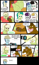 Size: 3200x5304 | Tagged: safe, artist:matchstickman, granny smith, oc, anthro, earth pony, minotaur, unicorn, comic:free cider, anthro oc, arm wrestling, biceps, breasts, busty granny smith, camera, camera flashes, clothes, comic, deltoids, dialogue, distracted, female, flexing, granny smash, male, mare, muscles, shirt, simple background, stallion, sweat, sweatdrop, table, unnamed oc, white background