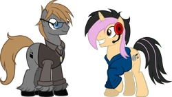 Size: 2000x1125 | Tagged: safe, artist:theeditormlp, oc, oc only, oc:blitz, oc:the editor, earth pony, pony, unicorn, clothes, glasses, headphones, hoodie, male, simple background, stallion, sweater vest, transparent background, vector