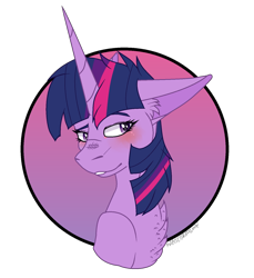 Size: 856x934 | Tagged: safe, artist:karsithedog, twilight sparkle, twilight sparkle (alicorn), alicorn, pony, blushing, bust, chest fluff, female, floppy ears, lidded eyes, looking sideways, mare, messy mane, simple background, smiling, solo, transparent background