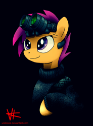 Size: 1328x1800 | Tagged: safe, alternate version, artist:unitoone, scootaloo, pegasus, pony, black background, bust, clothes, night vision goggles, simple background, solo, stalkerloo, sweater, turtleneck