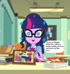 Size: 512x548 | Tagged: safe, edit, edited screencap, editor:thomasfan45, screencap, sci-twi, twilight sparkle, better together, equestria girls, the last day of school, 1000 hours in ms paint, canterlot high, chair, circling stars, classroom, clothes, cropped, cute, desk, female, geode of telekinesis, hypnosis, hypnotized, implied pinkie pie, looking forward, madame pinkie, magic, magical geodes, mental shift, offscreen character, personality change, ponytail, request, smiling, solo, speech bubble, spell, stars, story included, swirly eyes, twiabetes