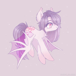 Size: 894x894 | Tagged: safe, artist:vert_glamis, oc, oc only, bat pony, pony, bat pony oc, butt fluff, chest fluff, cute, ear fluff, ear tufts, female, hair over one eye, leg fluff, ocbetes, purple background, simple background, solo, transparent wings