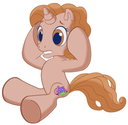 Size: 1538x1500 | Tagged: safe, artist:knadire, oc, oc only, oc:cell shader, pony, unicorn, g3.5, twinkle wish adventure, artist, brown eyes, brown mane, cel shading, curly hair, curly mane, distressed, female, film reel, generation 3.5, holding head, mare, paintbrush, pinkie pie's ferris wheel adventure, shading, shocked, simple background, sitting, solo, style challenge, sweetie belle's gumball house surprise, transparent background, upset, waiting for the winter wishes festival