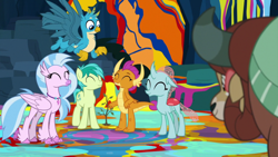 Size: 1920x1080 | Tagged: safe, screencap, gallus, ocellus, sandbar, silverstream, smolder, yona, changedling, changeling, dragon, earth pony, hippogriff, pony, yak, uprooted, cute, diaocelles, diastreamies, dragoness, eyes closed, female, gallabetes, male, paws, sandabetes, sapling, smiling, smolderbetes, student six, wings
