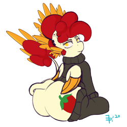 Size: 3000x3000 | Tagged: safe, artist:epicenehs, oc, oc:chimie changa, original species, 2020 community collab, clothes, derpibooru community collaboration, female, looking back, mare, pegaphoenix, simple background, sitting, socks, solo, sweater, transparent background