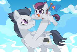 Size: 1263x852 | Tagged: safe, artist:wispyaxolotl, rumble, scootaloo, oc, oc:high winds, pegasus, pony, base used, cheering, cute, cutie mark, father and child, father and daughter, female, filly, flag, foal, male, next generation, offspring, parent and child, parent:rumble, parent:scootaloo, parents:rumbloo, stallion