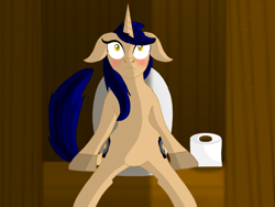 Size: 1280x962 | Tagged: safe, artist:lynnthenerdkitty, oc, oc:delta, pony, unicorn, blushing, but why, embarrassed, female, implied pissing, outhouse, solo, toilet, toilet paper