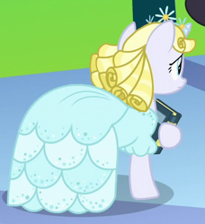 Size: 365x400 | Tagged: safe, screencap, pony, unicorn, between dark and dawn, book, clothes, cropped, dress, female, glinda, glinda (character), mare, ringlets, solo, wicked