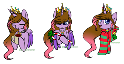Size: 5800x3000 | Tagged: safe, artist:redheartponiesfan, oc, oc:rainbow heart, alicorn, pony, bust, candy, candy cane, clothes, crown, female, food, jewelry, mare, mug, portrait, regalia, scarf, simple background, solo, transparent background