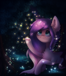 Size: 1426x1644 | Tagged: safe, artist:starrcoma, oc, oc only, earth pony, firefly (insect), pony, chest fluff, eye reflection, female, mare, night, prone, reflection, smiling, solo, tree